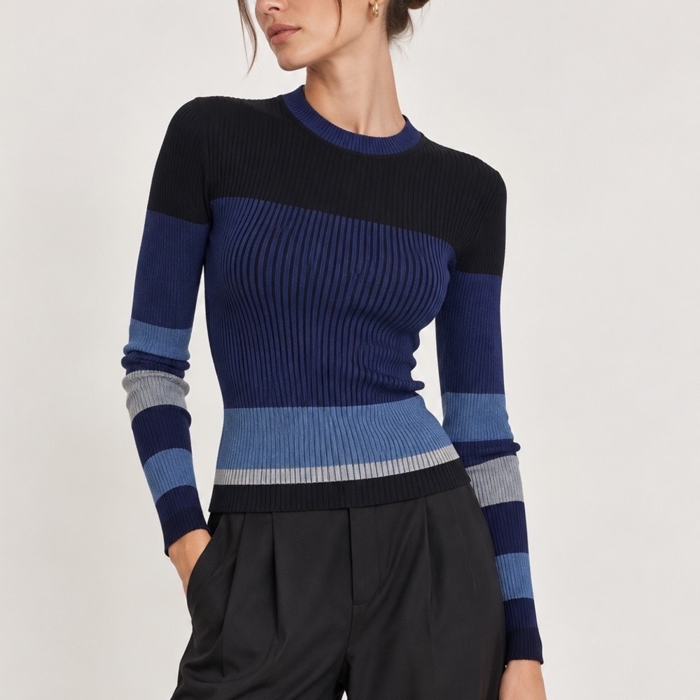 Diane von Furstenberg Women Small Cropped Ribbed Knit Sweater Navy Blue Striped